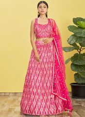 Hot Pink Multi Embroidery Printed Lehenga Choli