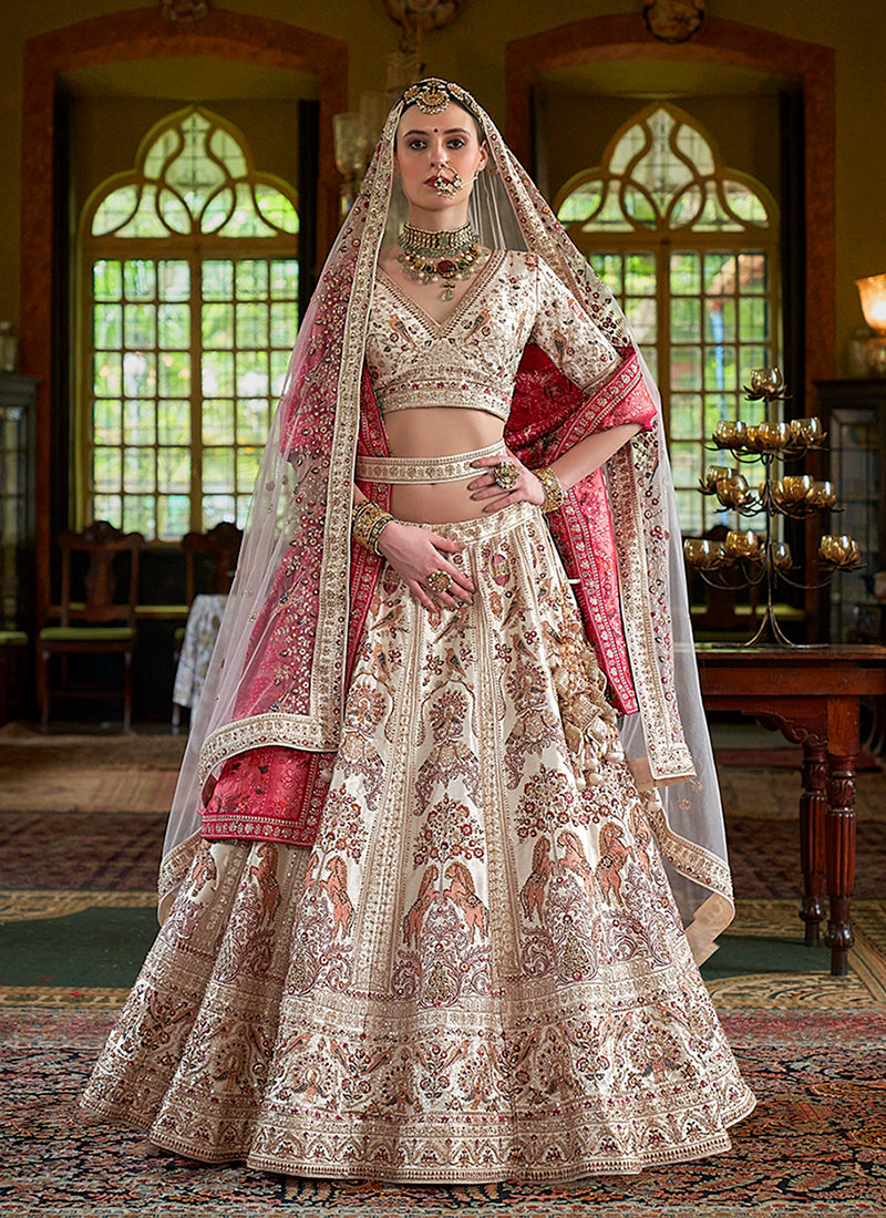 Ivory And Pink Multi Embroidery Bridal Lehenga Choli