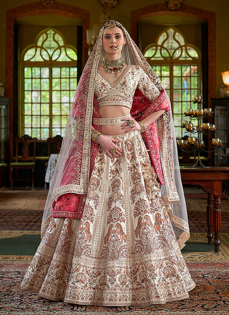 Ivory And Pink Multi Embroidery Bridal Lehenga Choli
