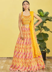 Yellow Multi Embroidery Printed Lehenga Choli