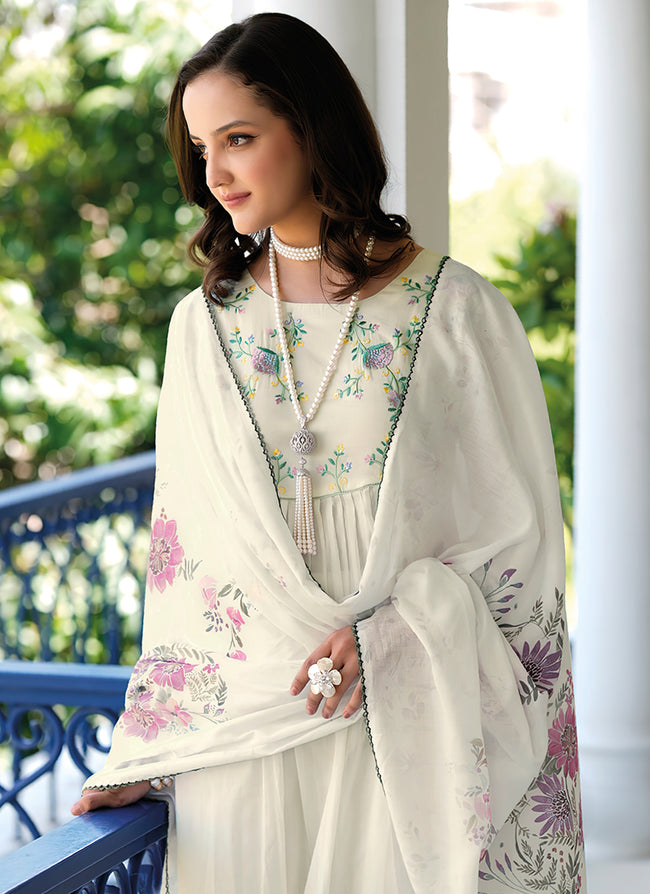 Off White Embroidery Cotton Anarkali Pant Suit In USA Canada
