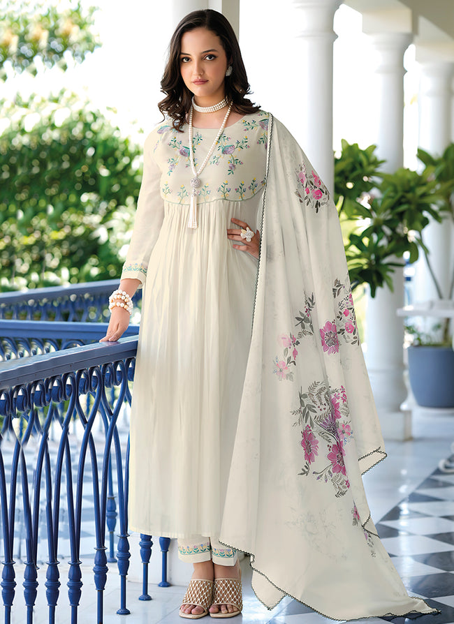 Off White Embroidery Cotton Anarkali Pant Suit