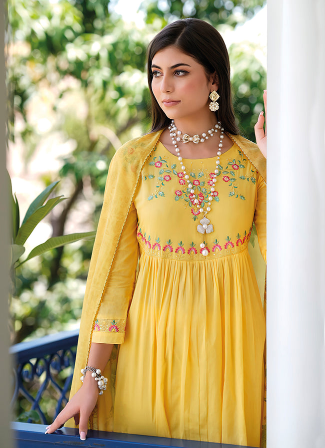 Yellow Embroidery Cotton Anarkali Pant Suit In USA