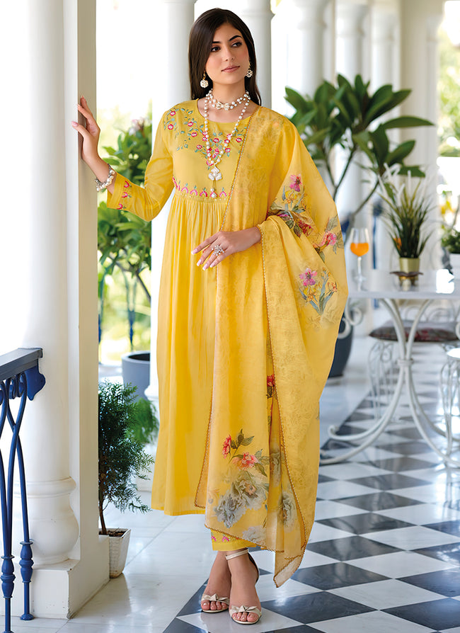 Yellow Embroidery Cotton Anarkali Pant Suit