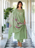 Pastel Green Embroidery Cotton Anarkali Pant Suit In USA Canada