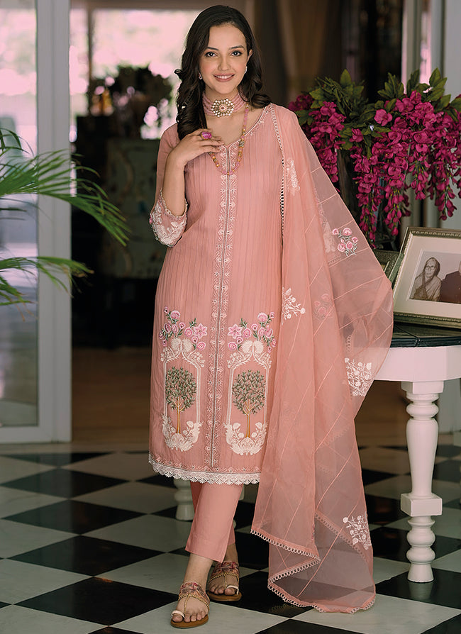 Buy Baby Pink Threadwork Georgette Unstitched Salwar Suit - Koskii