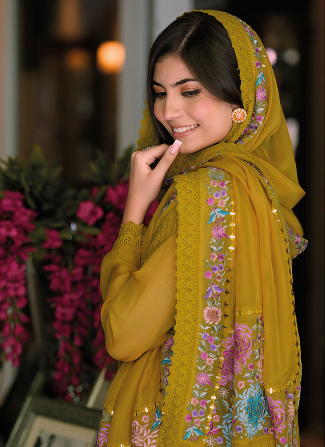 Mustard Yellow Multi Embroidery Wedding Pant Style Suit In USA