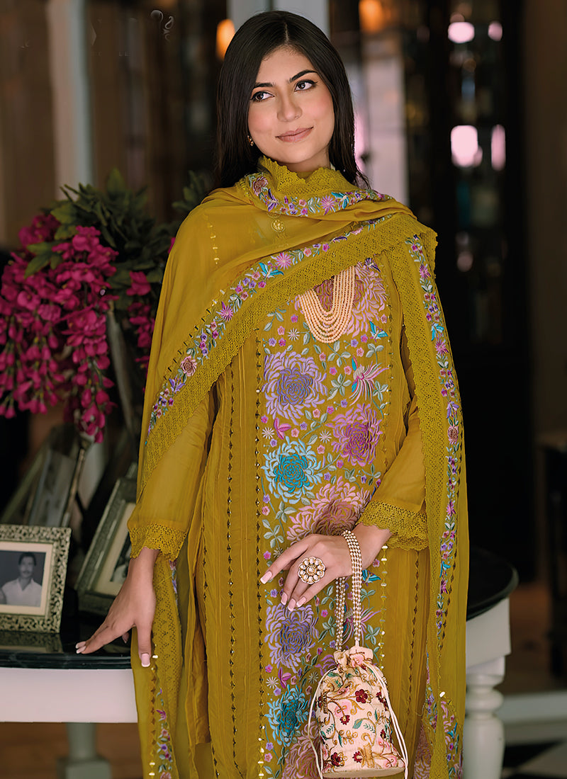 Buy Salwar Kameez Mustard Yellow Multi Embroidery Wedding Pant Style