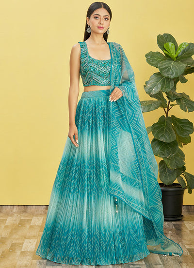 Turquoise Multi Embroidery Printed Lehenga Choli