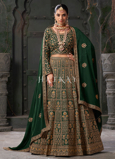 Bottle Green Embroidered Wedding Lehenga Choli