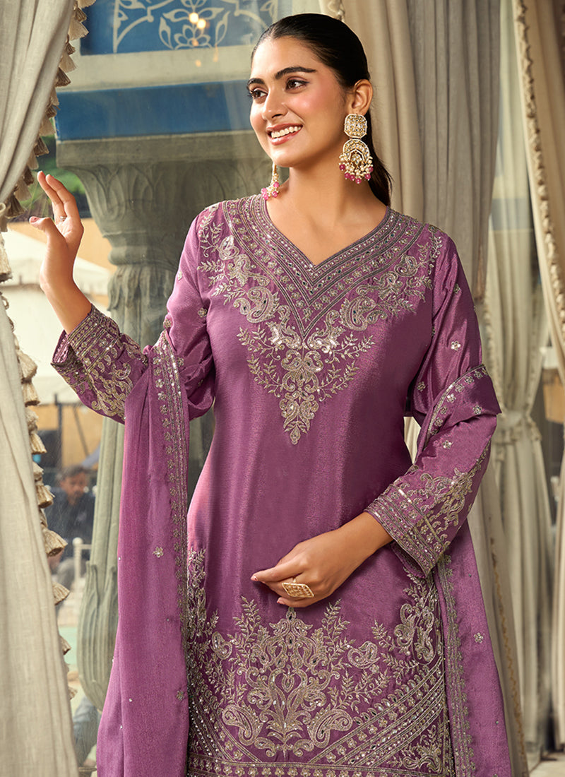 Mauve Purple Embroidered Silk Palazzo Suit