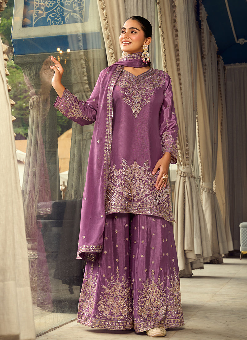 Mauve Purple Embroidered Silk Palazzo Suit