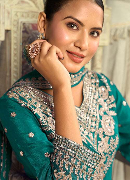 Turquoise Embroidered Silk Palazzo Suit