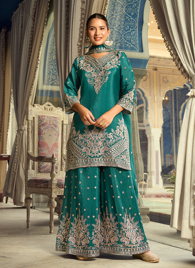 Turquoise Embroidered Silk Palazzo Suit