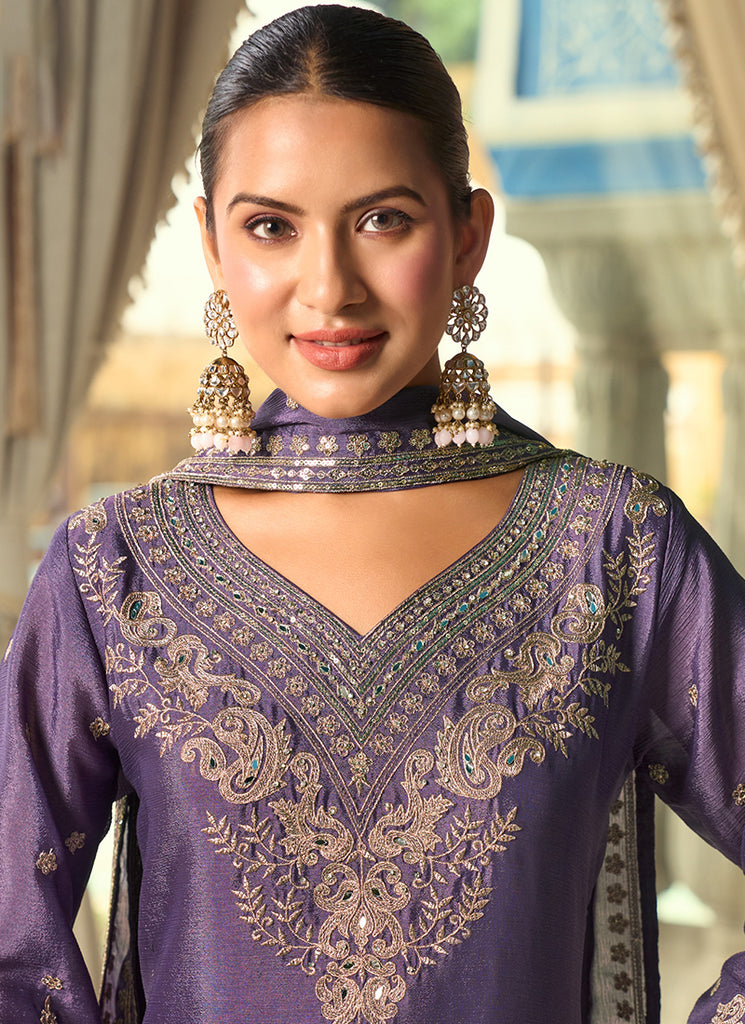 Purple Embroidered Silk Palazzo Suit