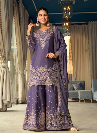 Purple Embroidered Silk Palazzo Suit