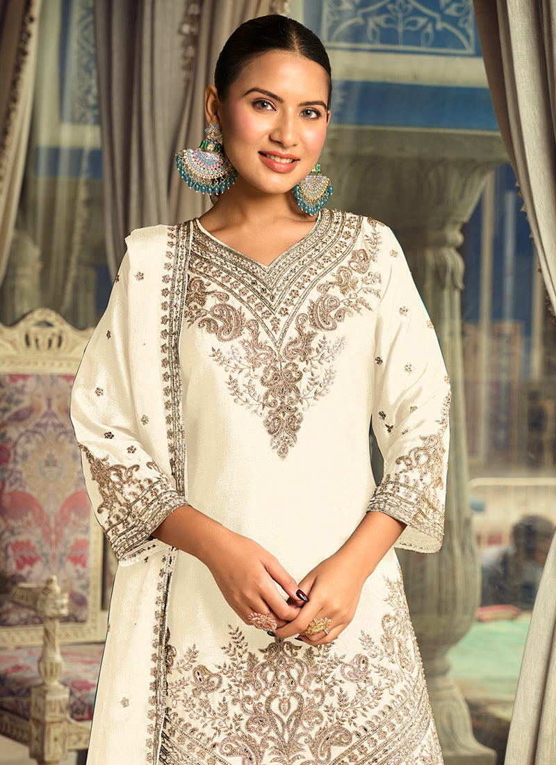 Off White Embroidered Silk Palazzo Suit