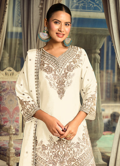 Off White Embroidered Silk Palazzo Suit