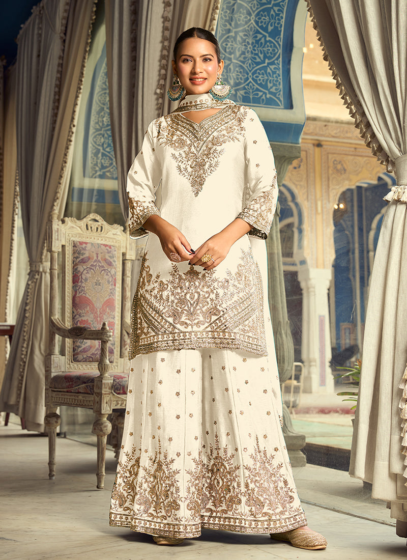 Off White Embroidered Silk Palazzo Suit