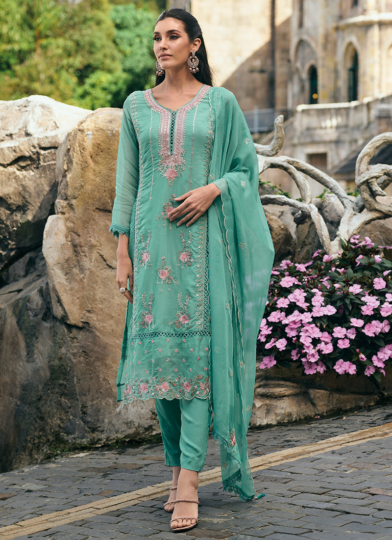 Aqua Blue Multi Embroidery Wedding Salwar Kameez In USA UK