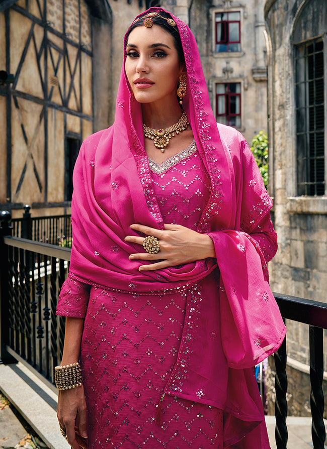 Hot Pink Traditional Embroidery Wedding Gharara Style Suit In USA