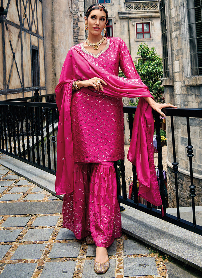 Hot Pink Traditional Embroidery Wedding Gharara Style Suit In USA UK