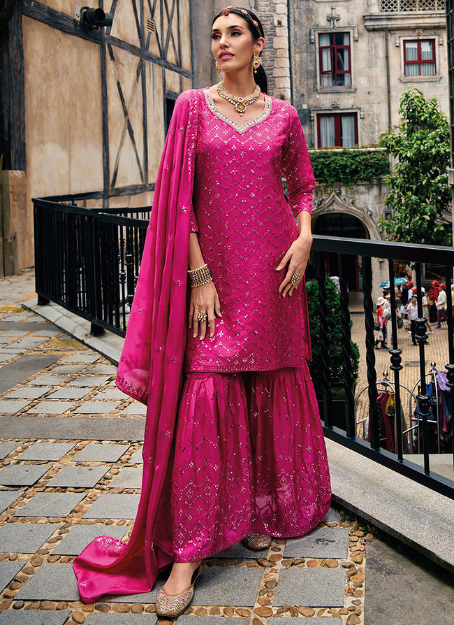 Hot Pink Traditional Embroidery Wedding Gharara Style Suit