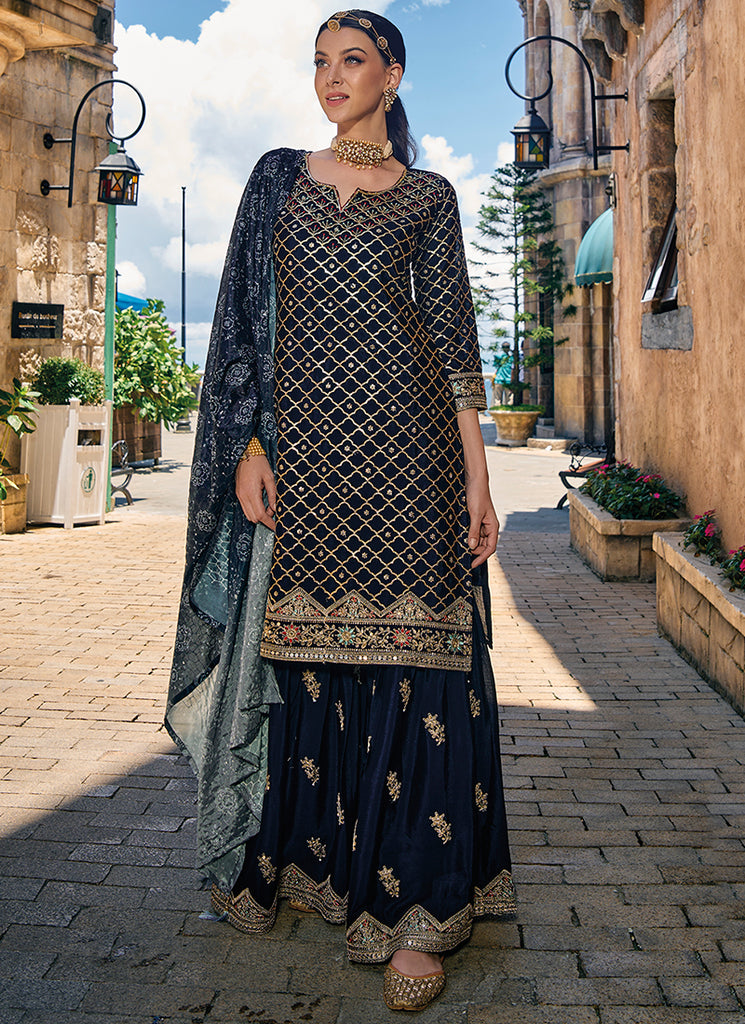 Navy Blue Gharara Style Suit In USA UK