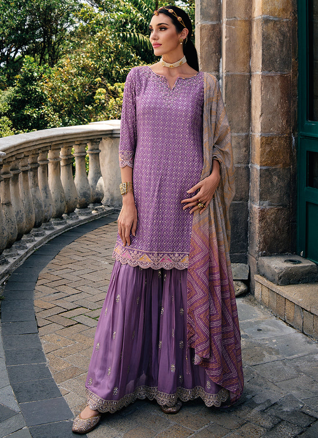 Purple Traditional Embroidery Wedding Gharara Style Suit