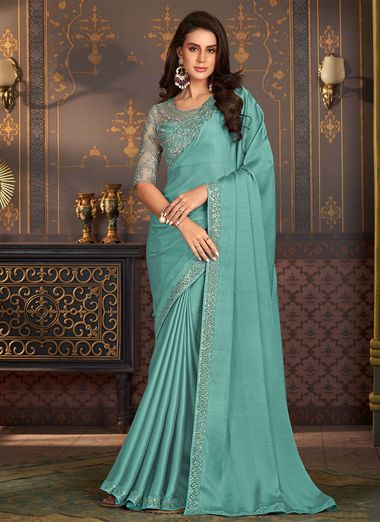 Sea Green Sequence Embroidery Designer Silk Saree