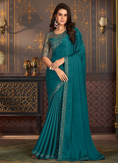Turquoise Sequence Embroidery Designer Silk Saree