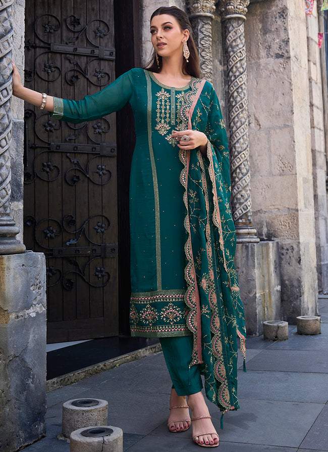 Turquoise Multi Embroidered Pakistani Pant Style Suit