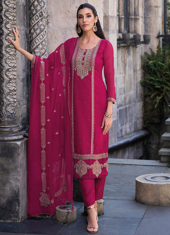 Hot Pink Multi Embroidered Pakistani Pant Style Suit