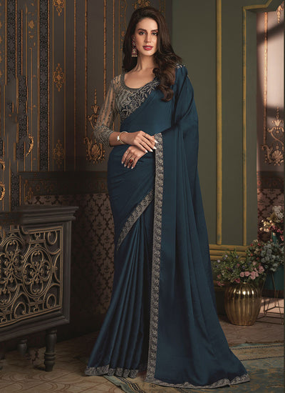 Royal Blue Sequence Embroidery Designer Silk Saree