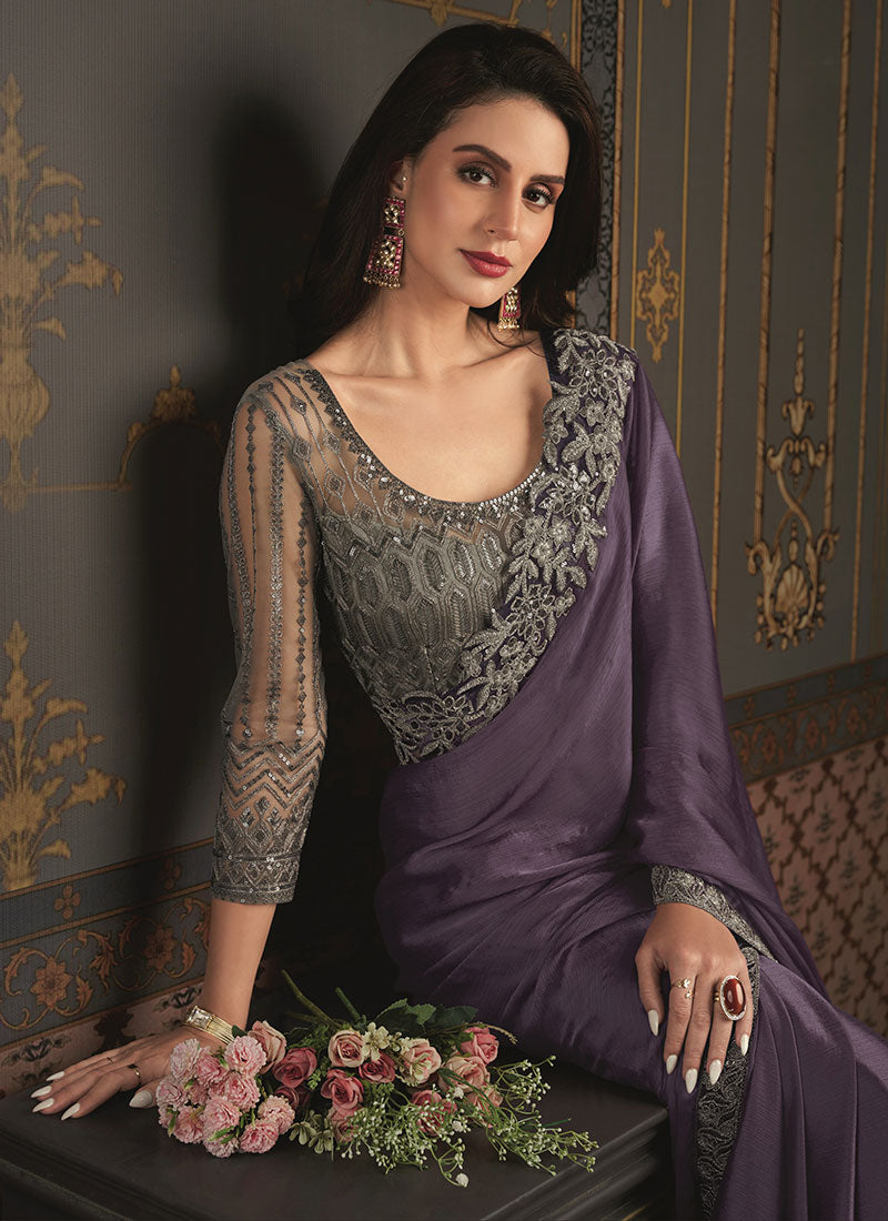 Purple Sequence Embroidery Silk Saree