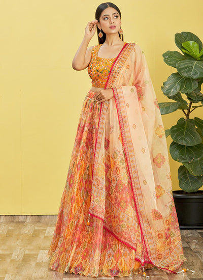 Orange Multi Embroidery Printed Lehenga Choli