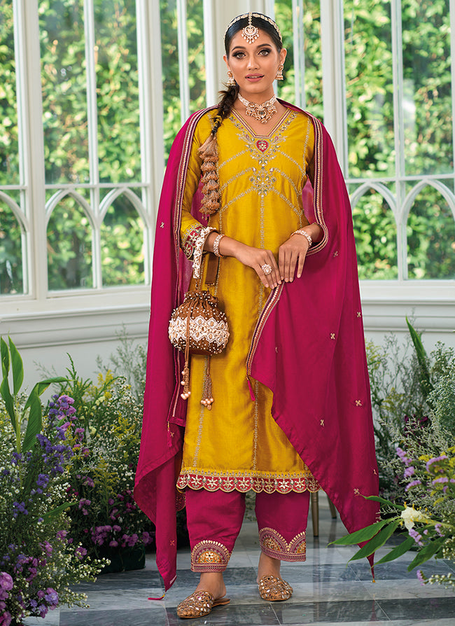 Yellow And Pink Embroidery Traditional Salwar Kameez