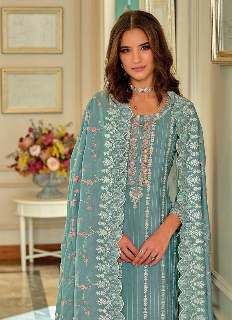 Teal Blue Designer Embroidery Silk Salwar Suit