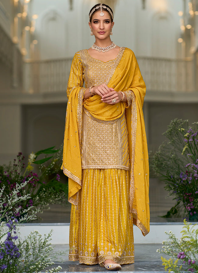 Yellow Traditional Sequence Embroidery Festive Palazzo Suit
