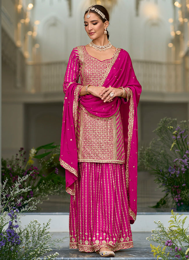 Hot Pink Traditional Sequence Embroidery Festive Palazzo Suit