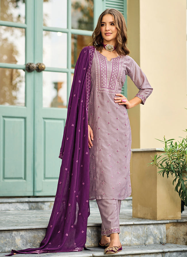 Purple Sequence Embroidery Designer Pant Suit