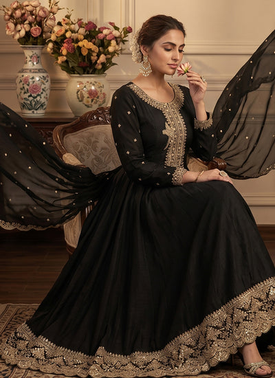 Black Embroidery Silk Anarkali Suit