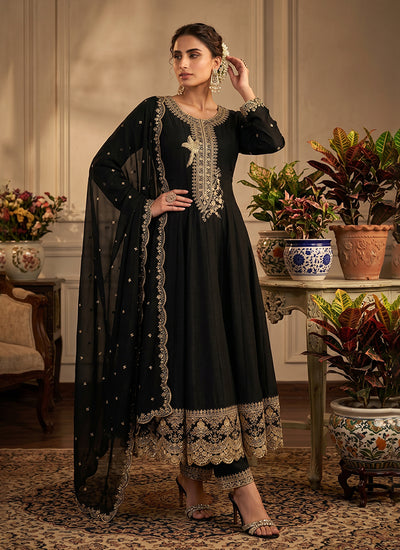 Black Embroidery Silk Anarkali Suit