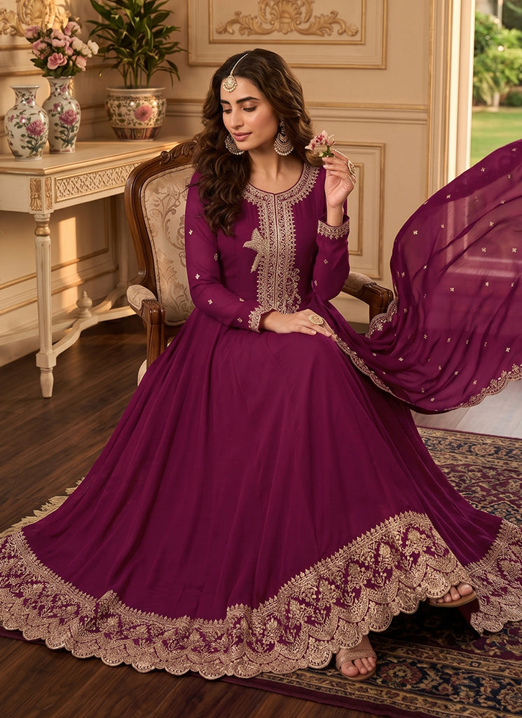 silk anarkali dress Wine Embroidery Silk Anarkali Suit XS