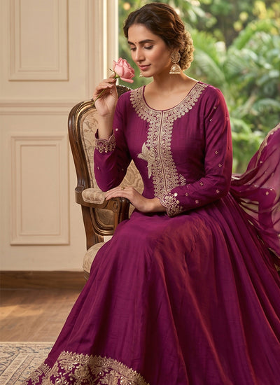 Wine Embroidery Silk Anarkali Suit