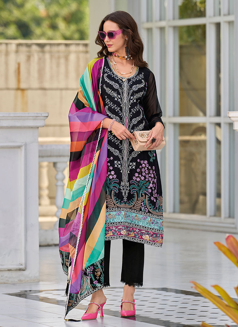 Black Multicolored Pakistani Salwar Kameez Suit