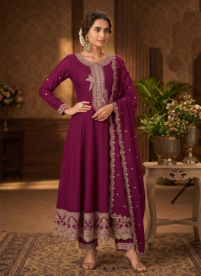 Wine Embroidery Silk Anarkali Suit