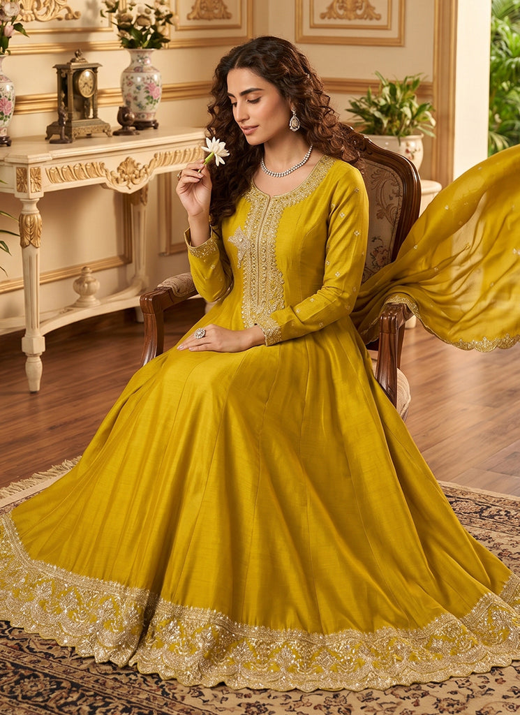 Yellow Embroidery Silk Anarkali Suit