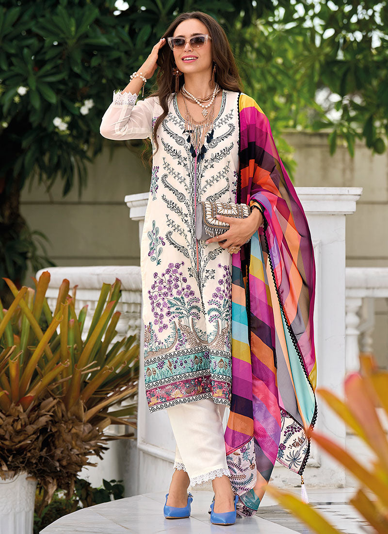 White Multicolored Pakistani Salwar Kameez Suit