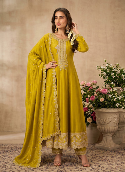 Yellow Embroidery Silk Anarkali Suit